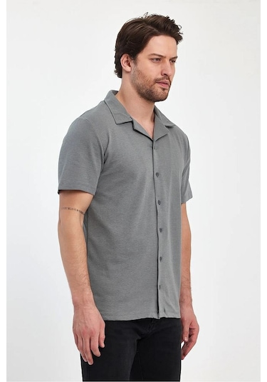 Erkek Rahat Kalıp Ottoman Kumaş Nefes Alabilen Pamuklu Apaş Yaka Gömlek Açık Haki