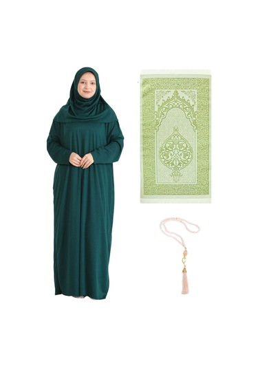 Namaz Elbisesi Eşarp Seccade Tesbih Set, İslami Giyim Takım Ferace Turban Şal Zümrüt Yeşili