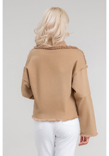 Kadın Power Likralı Pamuklu Kumaş Kol Ve Önü Çıt Çıtlı Pis Dikişli Mont CAMEL Camel