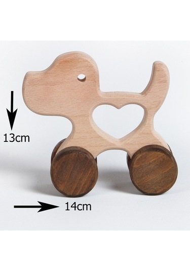 Ahşap El Yapımı Doğal Montessori Kalpli Köpek Tekerlekli Oyuncak