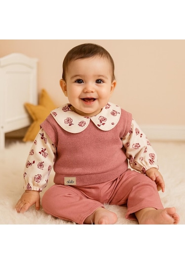 Bahrain Triko Örmeli Çiçek Yaka Ve Kol Detaylı Arkadan Çıtçıtlı Mevsimlik 2 Parça Takım Gül Kurusu