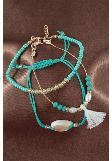 3lü Deniz Kabuklu İncili Püsküllü Asansörlü Lastikli Turkuaz İp Bileklik. Kadın İp Bileklik Halhal Çok Renkli