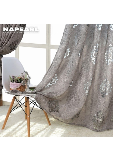 Açık Kahverengi 1 Adet Napearl Moda Jakarlı Tül Perde Avrupa Tarzı Şeffaf Kahverengi Gri Perde Mutfak Oturma Odası Ev Dekor İçin W100 X L260cm