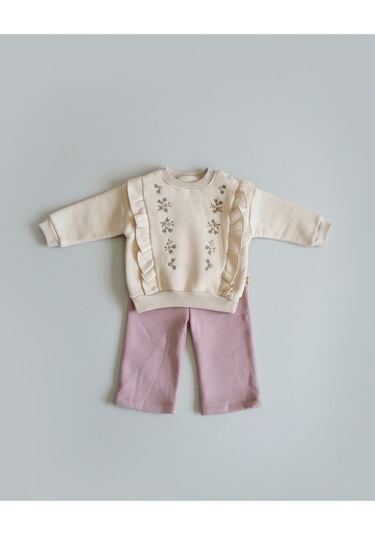 Fırfır Ve Nakış Detaylı Ekru Bebek Sweatshirt Ve Gül Kurusu Eşofman Takımı Ekru