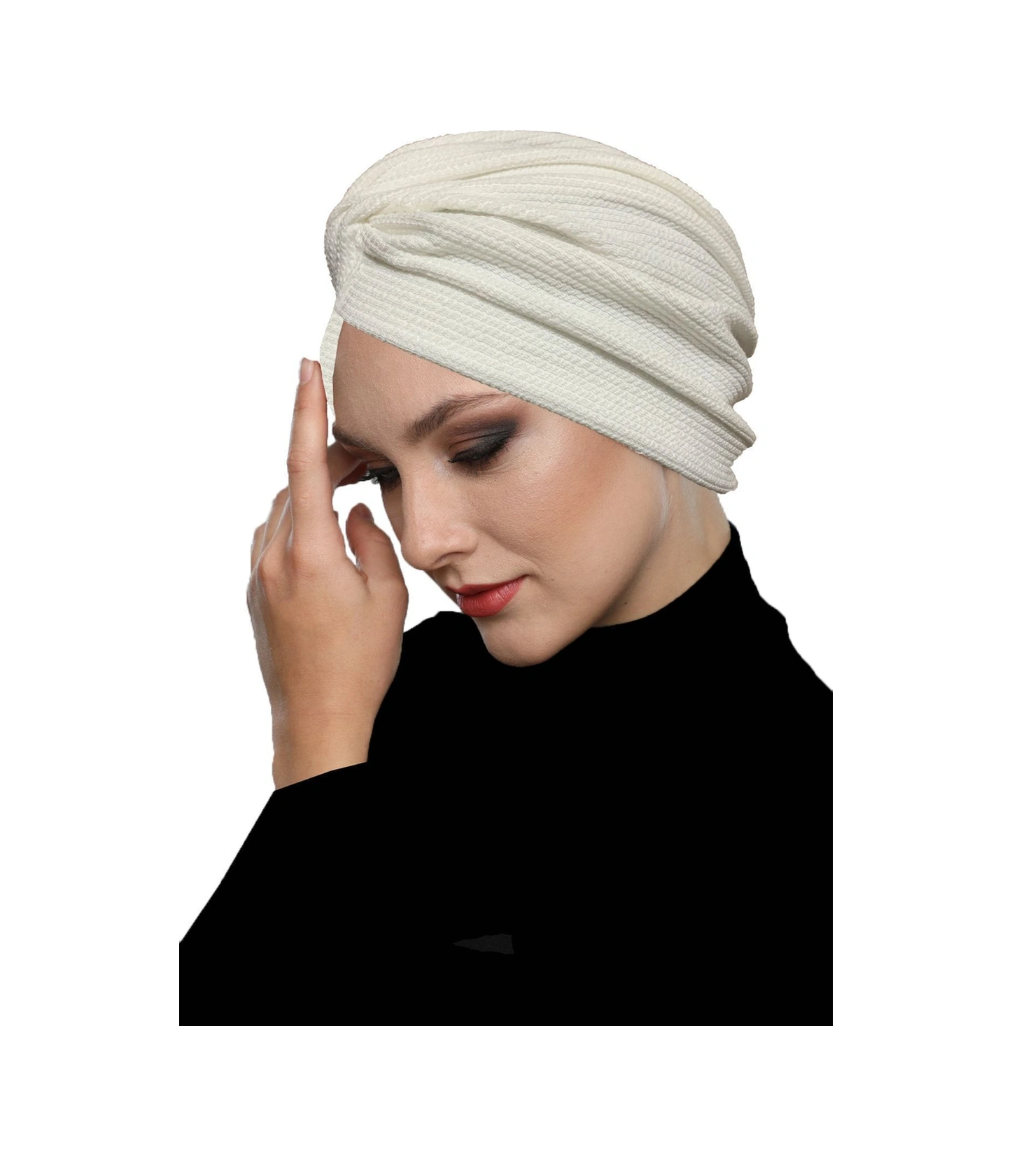 Çapraz Fitilli Penye Krem Hazır Türban Tesettür Havuz Bonesi Krem