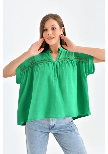 Dantel Detay Kısa Dokuma Bluz Yeşil