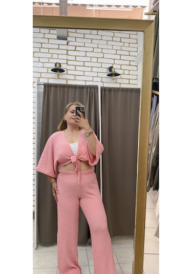 Tuba Toptaş Bağlamalı Gofre Bluz Pembe