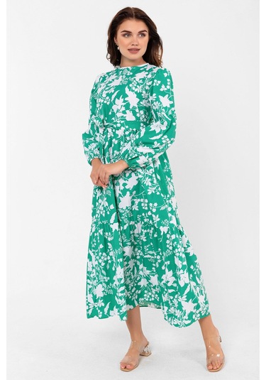 Yaprak Desenli Renkli Pamuklu Yazlık Baharlık Kuşaklı Elbise 2101 Yeşil