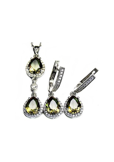 Zultanit Taşlı Gümüş Oval Mekik Damla Kadın Kolye Küpe Seti