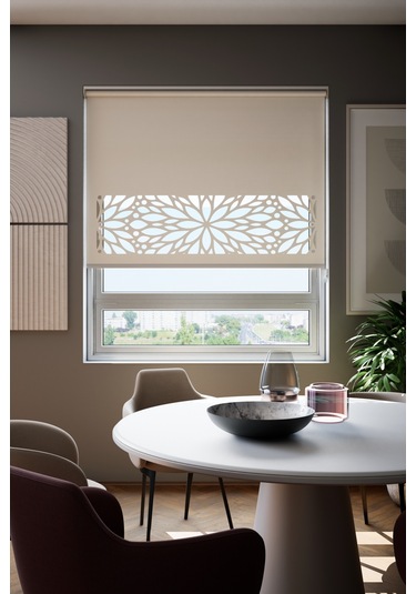 Lazer Kesim Mat Stor Perde, Lazer Kesimli Modern Serisi, M-131002 Ekru Renk Ekru