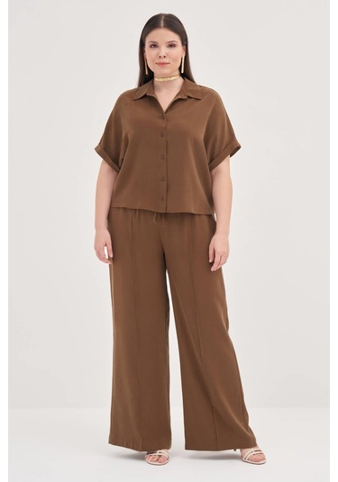 Kısa Kollu Oversize Gömlek-1801 Kahverengi