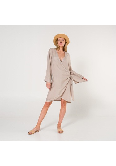 Mona Kadın Kruvaze Pul Baskılı Plaj Elbisesi Taş