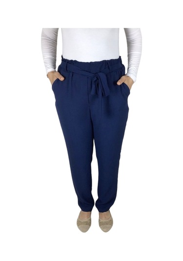 Kadın Beli Lastikli Kuşaklı Cepli Dar Paça Ayrobin Pantolon Lacivert