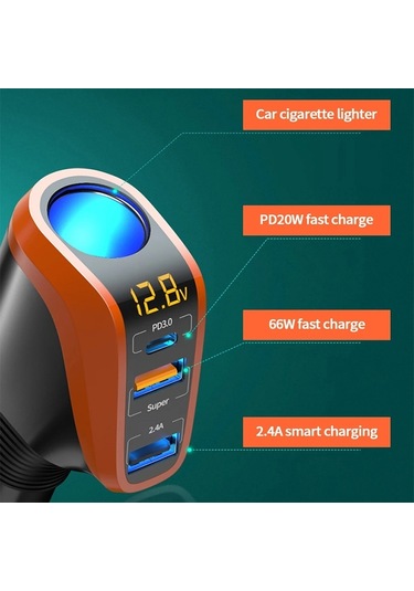 Sones Ozio Dy48tc 188w Type-c + Usb Çift Bağlantı Noktalı Çok Fonksiyonlu Araç Şarj Cihazı, Çakmaklı Turuncu