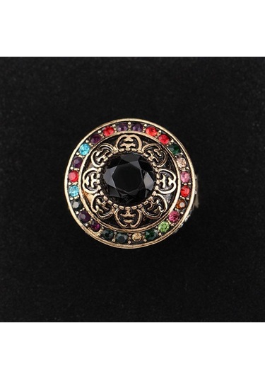 Siyah Kraliyet Tarzı Renkli Kristal Türk Geniş Yüzük Türkiye Çiçek Yuvarlak Reçine Parti Takı Vintage Kadın Bayan Parmak Yüzük 8 Siyah