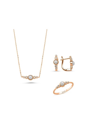 Çıtır Doğal İncili 0,45 Karat Pırlanta Küpe Kolye Yüzük Üçlü Set 8 / Rose Gümüş