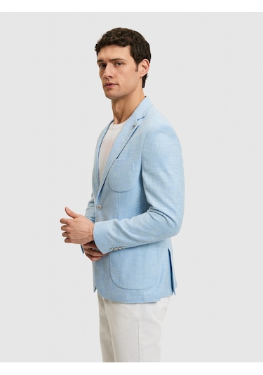 Cacharel Açık Mavi Slim Fit Yün İpek Karışımlı Ceket Denim