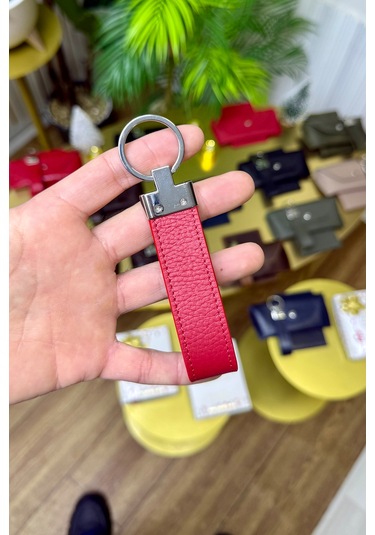 Kırmızı Hakiki Deri Premium Anahtarlık Kişiye Özel İsim Baskılı