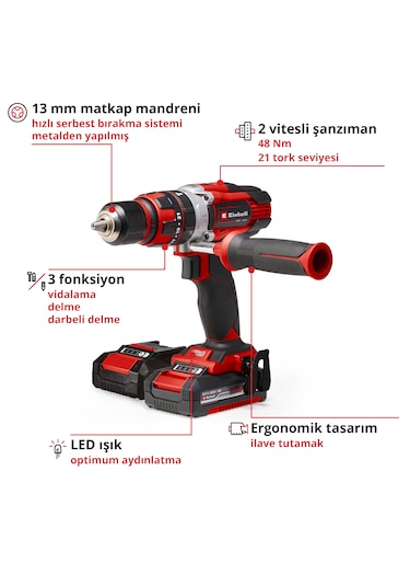 Einhell TE-CD 18/48 Li-i Kit (2x2,0Ah) Çift Akülü Darbeli Vidalama - 4513935