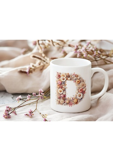 D Harfi Çiçek Desenli Kupa Bardak - Alfabe Harfleri İle Doğal Çiçekli Kupa - Hediye Fikir Beyaz