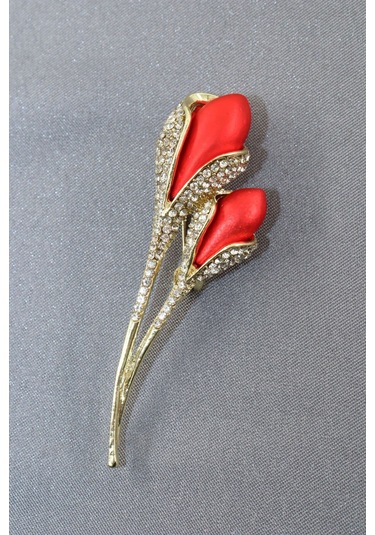 Lale Tomurcuğu Broş. Taşlı Tasarım Lale Broş. Yaka İğnesi Lale Broş. Kadın Broş. Broş. Lale Broş. Altın - Kırmızı
