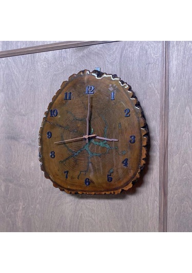 Lichtenberg Desenli Epoksi Kaplamalı Ahşap Duvar Saati Bronz