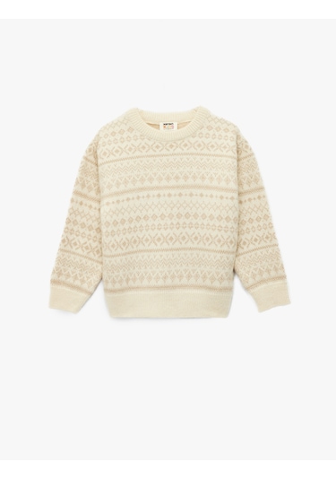 Koton Uzun Kollu Bisiklet Yaka Desenli Triko Kazak Bej Desenli 6wkg90082ht Ekru Desenli