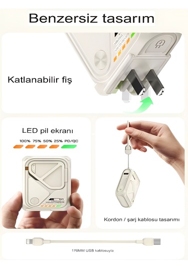 5'in 1 Pd 22.5w Hızlı Şarj Powerbank - 10000mah, Kablolu Ve Kablosuz Standlı Çoklu Fişli Şarj Cihazı Bej