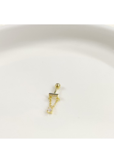 Sallantılı Zincirli Tek Taş Gümüş Tragus Pıercıng - Altın Sarı Beyaz
