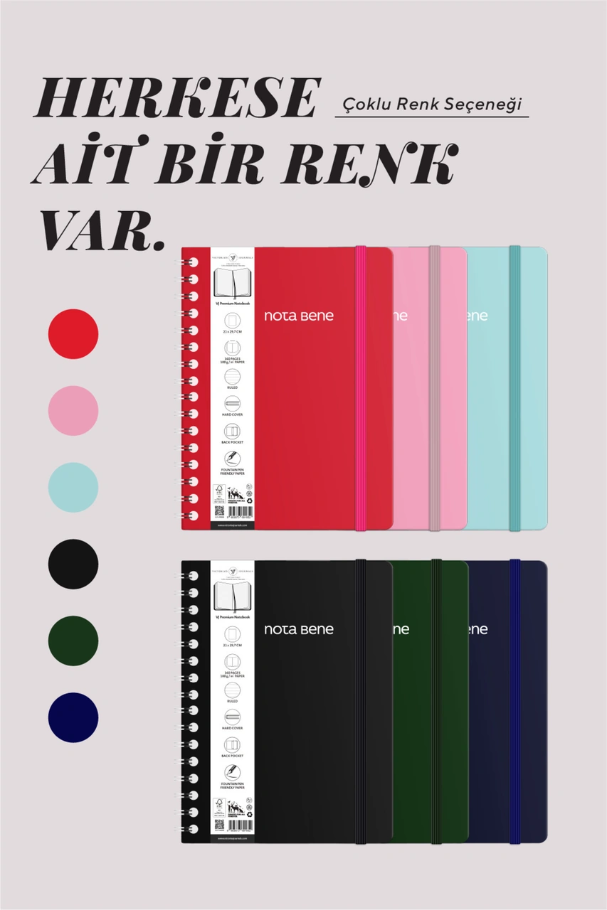 Nota Bene Spiralli Premium Sert Kapak Defter, 21x29,7 Cm, Çizgili Mavi