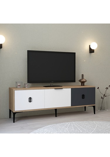 3501 Neva Tv Ünitesi 150 Cm Kapaklı Sepet - Beyaz - Antrasit Tv Sehpası Sepet-beyaz-antrasit