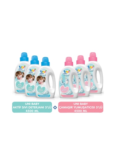 Uni Baby Aktif Sıvı Deterjan 1500 ML 3'lü + Uni Baby Yumuşatıcı 1500 ML 3'lü
