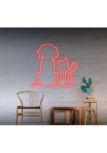 Twins Led Kedi Ve Köpek Figürlü Neon Tabela Kırmızı Model:model:62893366 Kırmızı