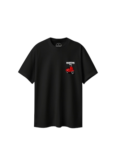 Velvoria Unisex Oversize Beautıful Ride Baskılı Siyah Renk T-shirt