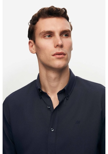 Ds Damat Slim Fit Lacivert Oxford Düğmeli Yaka Kolay Ütülenebilir Nakış Detaylı Pamuklu Gömlek 4HC02ORT03265 Lacivert