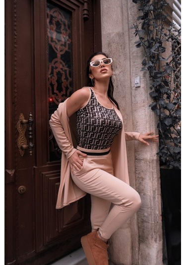 Gülsüm Aydın Kadın Uzun Kollu Krep Üçlü Takım Bej