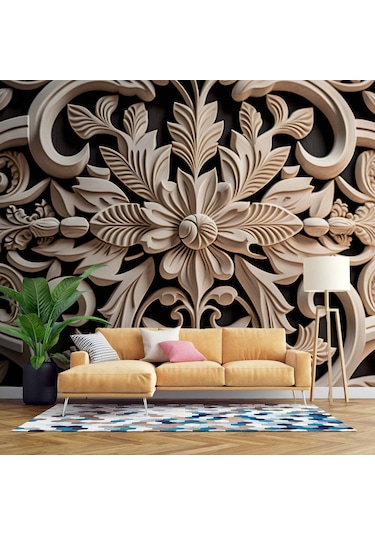 3 Boyutlu Çiçek Figürlü Ağaç Oyma Desenli Duvar Kağıdı