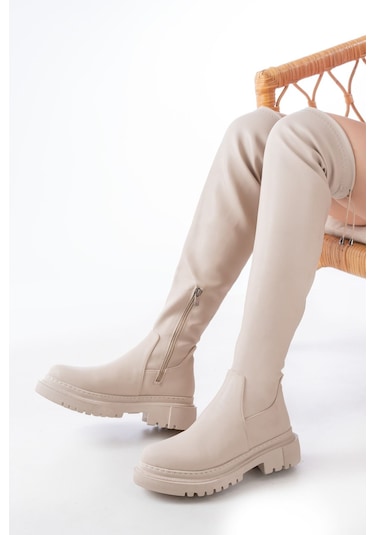 812-2194 Bej Fermuarlı Diz Üstü Bağcıklı Çorap Günlük Kadın Çizme Resimdeki Renk