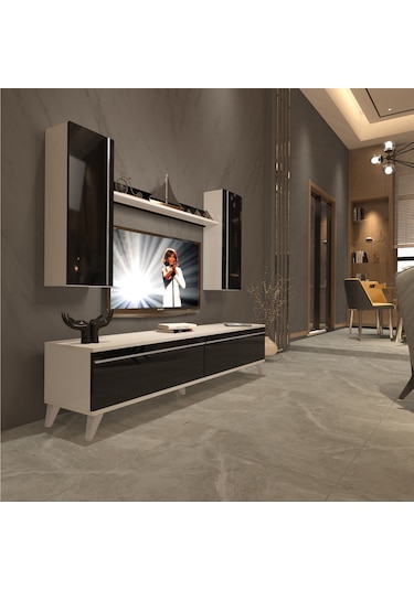 Decoraktiv Eko 5d Mdf Std Retro Tv Ünitesi Tv Sehpası - Beyaz Siyah Beyaz - Siyah