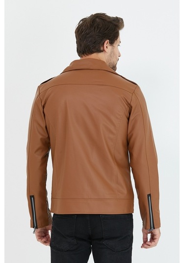 Erkek Taba Yeni Sezon Çapraz Fermuarlı Deri Ceket Mont-Taba