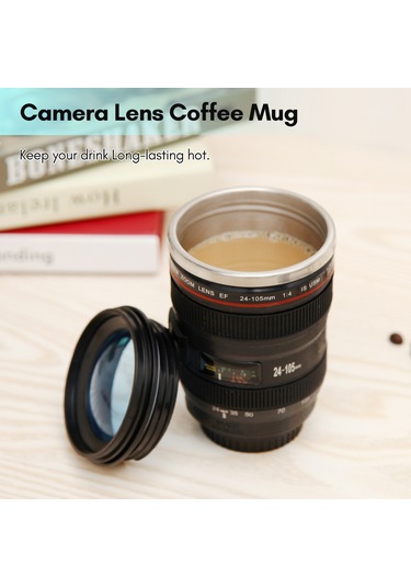 Yunboo Kameramanlar İçin 400ml Paslanmaz Çelik Termos Bardak, Kamera Lens Desenli, Dışarıdaki Kahvenizi Isıtık Tutar, Sızıntı Engeli Siyah Beyaz