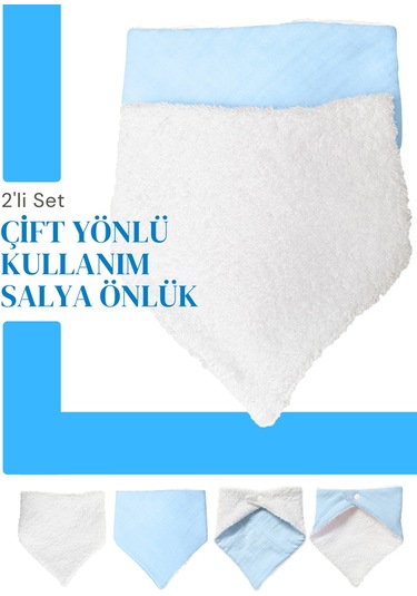 Bebek Ağız Bezi Salya Önlüğü Fular Çok Amaç 2'li M-byz Beyaz - Mavi