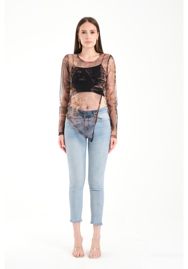 Yırtmaç Detaylı Tül Bluz Yeşil