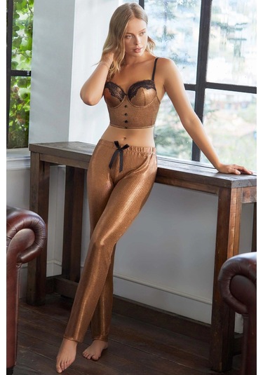Balenli Destekli Dolgulu Parlak Baskılı Dantelli Büstiyer Ve Pantolon Pijama Takım 4176 Bakır