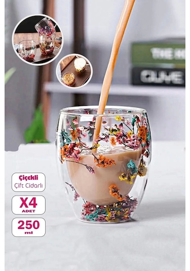 4'lü Çift Cidarlı Çiçekli Bardak Çay Kahve Sunum Bardağı 250ml El Yapımı Flower Cup Borosilikat