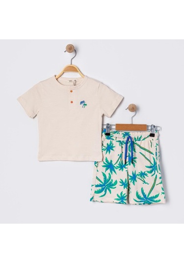 Erkek Çocuk Bej Basic Tişörtlü Palmiye Desenli Şortlu Takım-1137 Bej