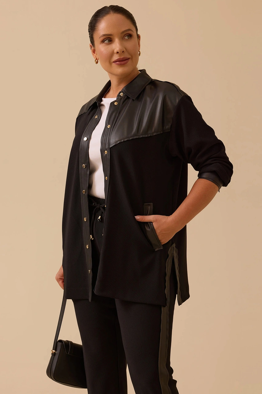 Galaxi Kadın Büyük Beden Fitilli Cepli Gömlek 4010 Siyah Siyah