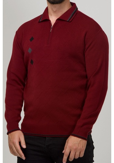 Kamalı Erkek Çelik Örgü Intarsia Gofra Desen Fermuarlı Polo Yaka Tüylenmez Premium Triko Kışlık Baba Kazak Bordo