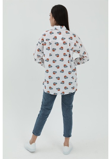 Çiçek Desen Kol Katlamalı Gömlek - Beyaz-beyaz Beyaz
