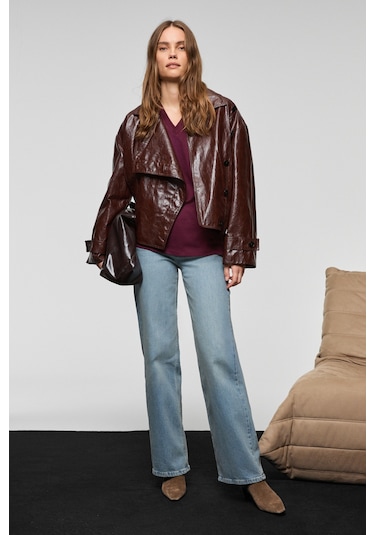 Grımelange Alıne Kadın %100 Organik Pamuk Derin V Yakalı Comfort Fit Bordo T-shirt Bordo